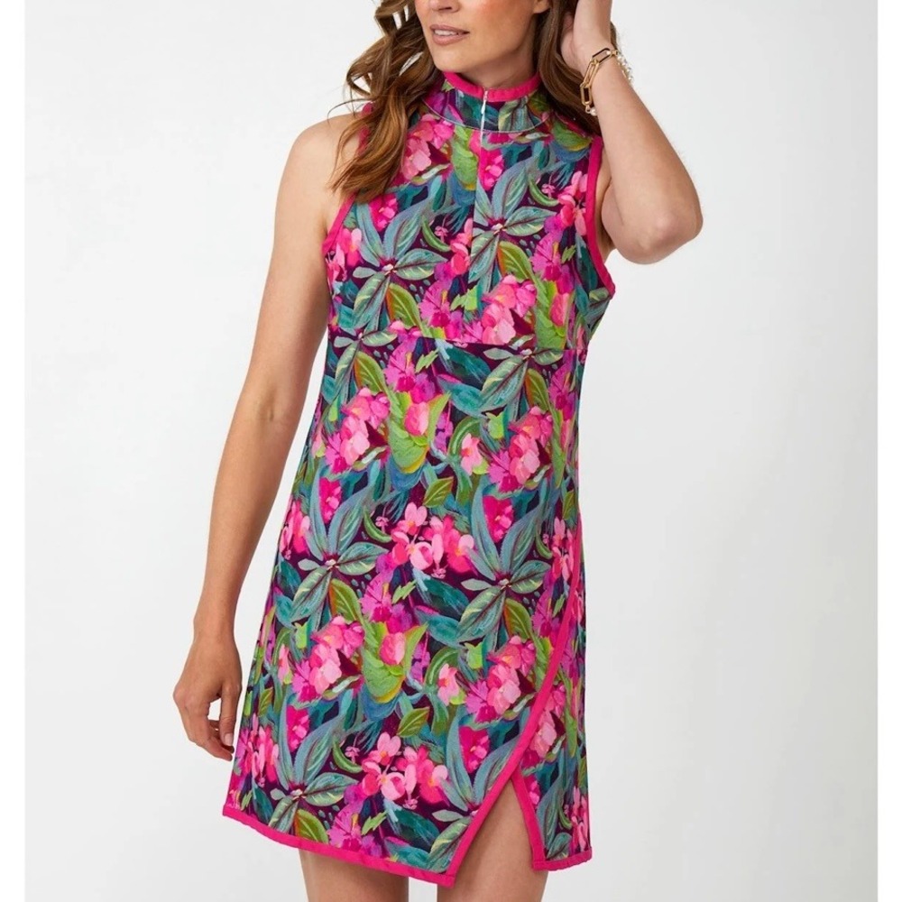 NEW Charlie Paige x Suzanne Allard Floral Mock Zip Neck Dress XL Resort Tropical